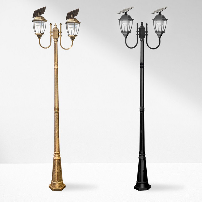 나눔조명 태양광 가로등 엔틱 태양열 조명 LED 정원등, 2구 곡면 육각등, 2.3m, 검정색(흰빛)