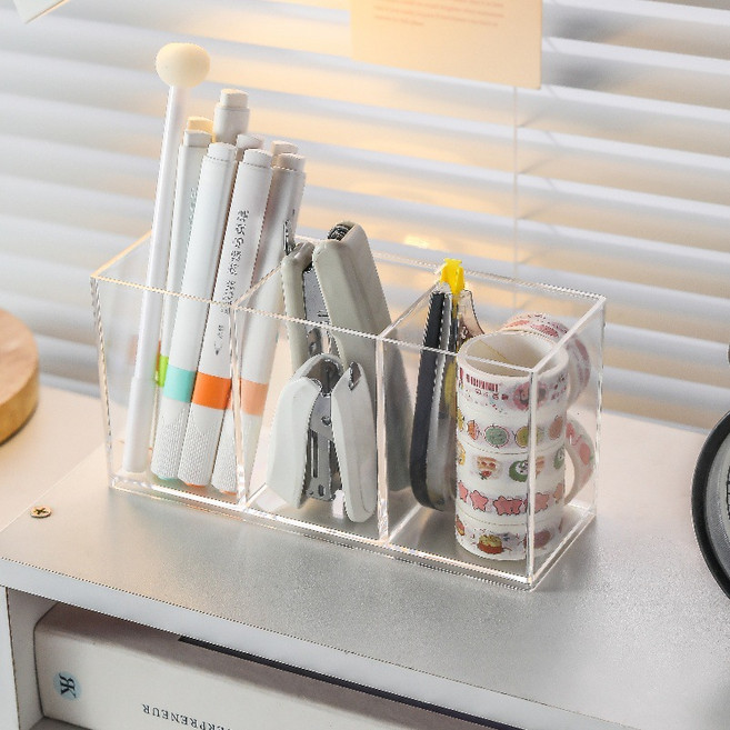 다기능 아크릴 투명 문구 펜꽂이 수납 정리함 3칸, 1개, 투명색