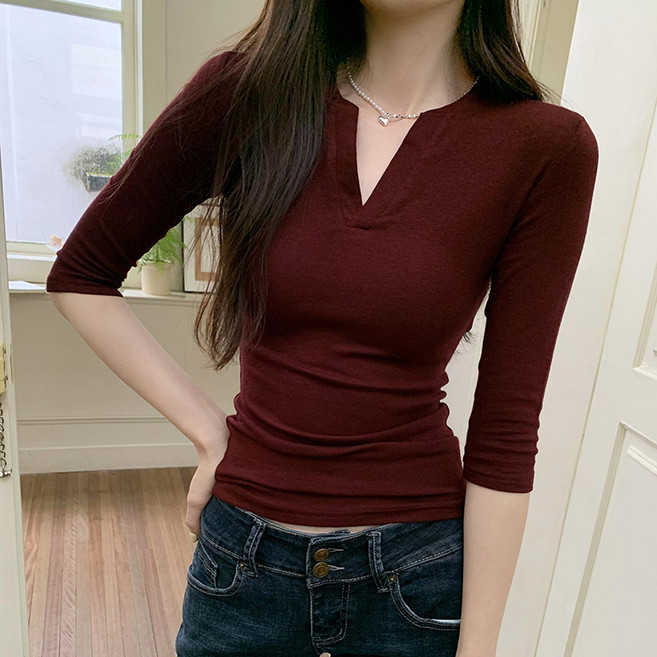 쁘띠꼬모 여성 슬림핏 7부 소매 티셔츠 브이넥 스판 티