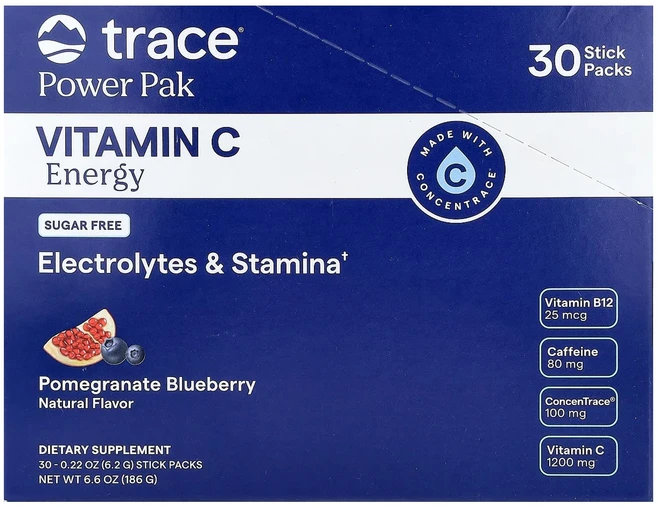 메이커제품입니다 Trace 파워 팩 비타민C 에너지 석류 블루베리 스틱팩 30개 개당 6.2g(0.22oz) 좋은효과를 보실수있습니다, 1개, 30정 - 쿠팡