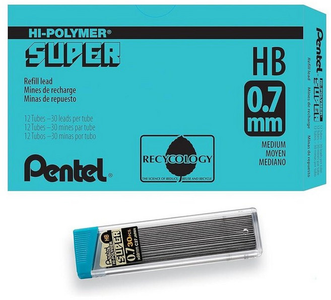 펜텔 미국매장정품+ Pentel 수퍼 하이폴리머 리필 샤프심 0.7MM 미디엄 2B 144개입 50-2B 그레이 1849310, HB 리드, 12 Count (Pack of 1).