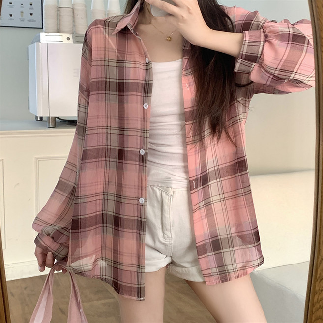나열샵 NQ-460 여성 체크 루즈핏 자외선 차단 얇은 쉬폰 셔츠
