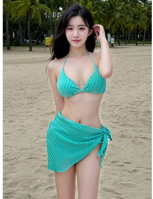 青藍網格比基尼套裝 綁帶比基尼 圍裙 溫泉遮肉顯瘦款, ()三件式市售版-均碼, 青藍