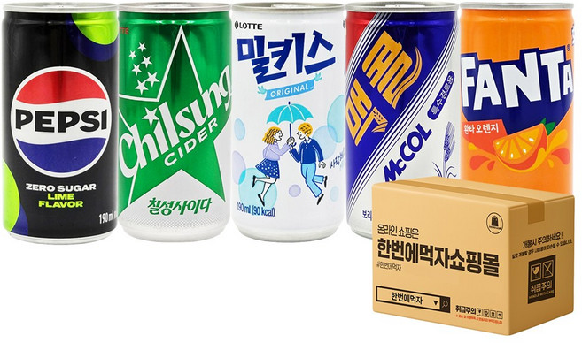 [한번에먹자] 미니캔 탄산음료 혼합세트 (펩시 제로 라임6 + 칠성사이다6 + 맥콜6 + 밀키스6 + 환타오렌지6), 30개, 190ml