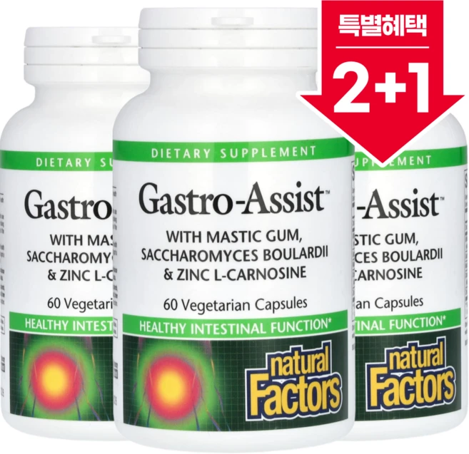 2+1 네추럴팩터스 Gastro-assist 매스틱검 사카로미세스 보울라디 및 아연 L-카르노신 함유 베지캡슐 60정 / 해외직구 캐나다정품, 3개 - 쿠팡