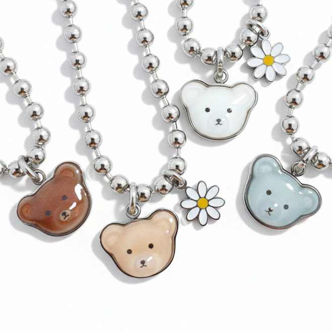 [무료배송][무료각인] 크리스탈 베어 미아방지 목걸이 팔찌 세트 가능 써지컬스틸, 볼체인 아동용, 탄생석10월, 1개