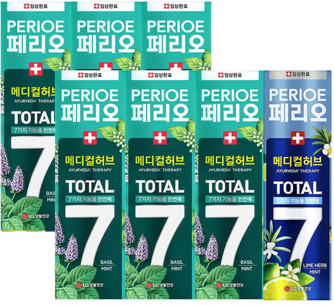 페리오 토탈7 치약 메디컬허브 바질민트 100g 6개 + 라임민트 100g 1개