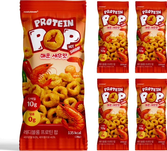 레디블룸 프로틴 팝 매운새우맛 글루텐프리 무설탕 단백질 과자, 5개, 30g - 쿠팡
