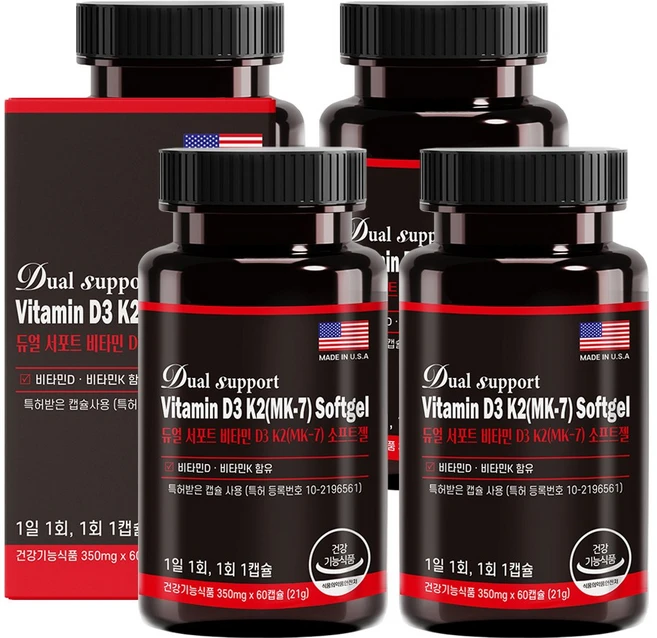 듀얼 서포트 비타민D 000IU K(MK-) 뼈건강 특허캡슐사용, 4개, 60정 - 쿠팡
