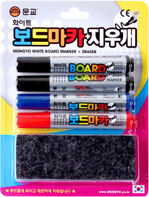 문교 보드마카 4개+지우개 세트, 블랙2,블루1,레드1, 1팩