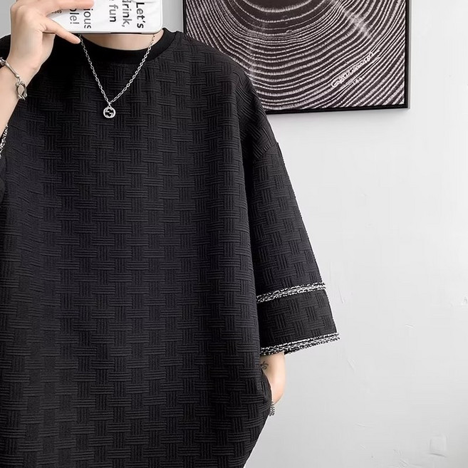 男女皆宜 七分袖 T恤 oversize 設計感 男款, 黑色,XL, 黑色