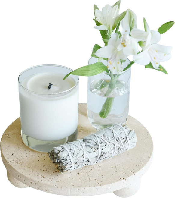 100% 천연 트래버틴 풋 트레이 - 둥근 돌 디스플레이 받침대 스탠드 라이저 공 다리 3개 화장실 거실 비누 향수 캔들 7.9인치