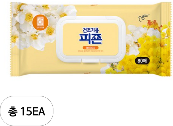 피죤 건조기용 오리지널 시트 섬유유연제 옐로미모사 본품, 80개입, 15개