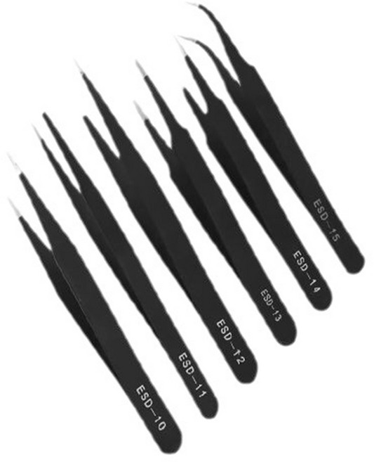 정밀 핀셋 세트 쪽 집게 ESD 다용도 곡선 직선 정전기 방지 6종, 1개, 블랙