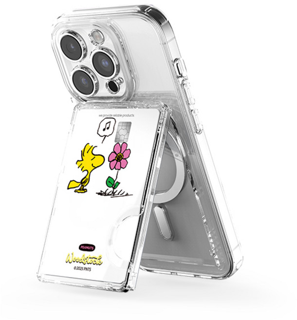 스누피 투명 마그네틱 멀티 스탠드 카드지갑 (맥세이프 호환), 1개, 피크닉_플라워 우드스탁