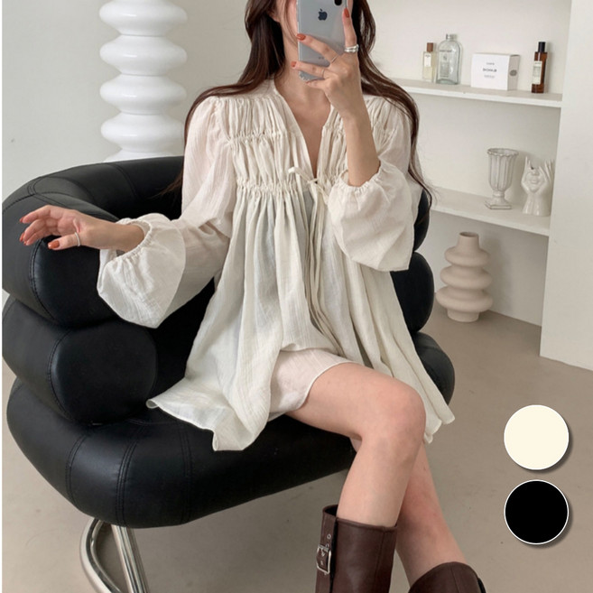 핏몬 루즈핏 로맨틱 투 리본 셔링 롱 블라우스 55~77