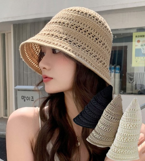 메쉬 [라인] 라탄 벙거지 봄 여름 버킷햇 여성 모자