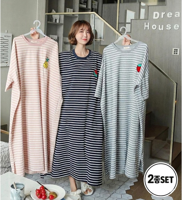 스트라이프 과일 원피스 잠옷 오버핏 44~88 빅사이즈 파자마 2장셋트