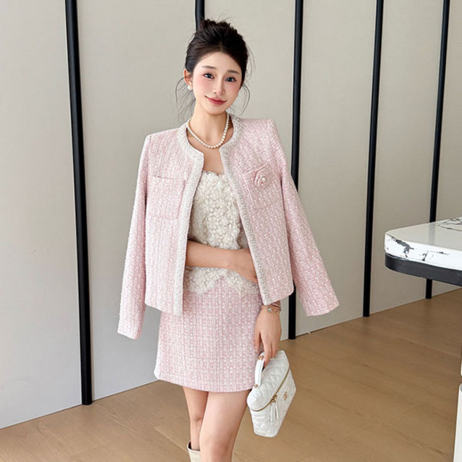 루씨앤 사라 럭셔리 하객룩 결혼식 트위드 하이웨스트 미니스커트 여성 정장 투피스세트 360