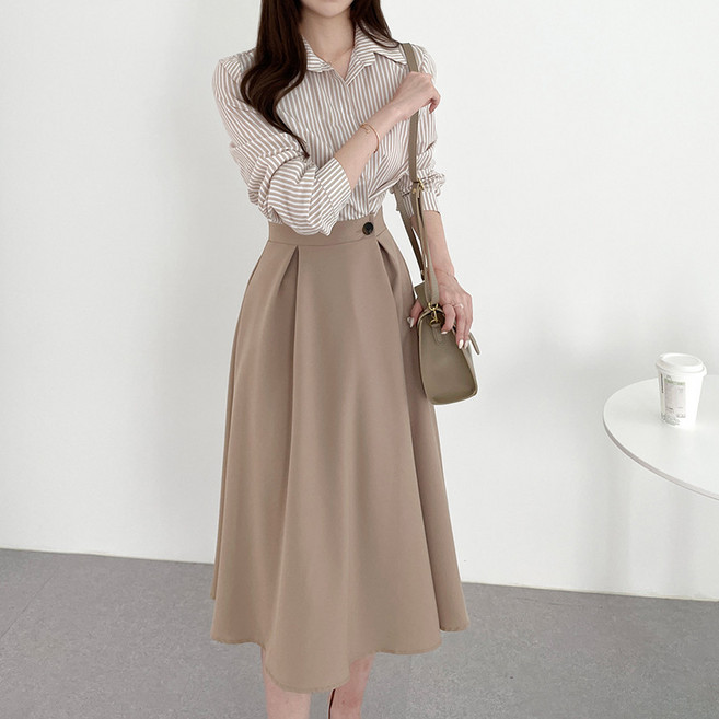 예쁨시전 세련무드 스트라이프 배색 긴팔 셔츠 원피스