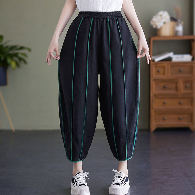 여성용 여름 하이웨스트 밴딩 면마 9부 배기 팬츠 린넨 바지