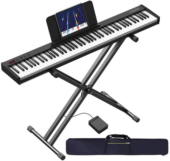KONIX 88키 세미 웨이트 키보드 피아노 더블 X 스탠드가 있는 풀 사이즈 디지털 초보자를 위한 휴대용 서스테인 페달 전원 공급 장치 및 피아노 백 포함 - 화이트 24