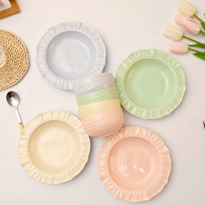BLOWFISHFUGU 4색 심플 식기홈 세트 접시 볼 8P세트, 밥공기+접시, 1세트, 베이지색+분홍색+녹색+퍼플