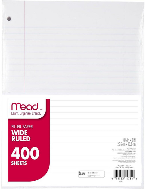 Mead 루즈 리프 용지 넓은 칸 유선 200매 스탠다드 26.7 x 20.3cm 1팩 화이트 3링 바인더용 유선 속지 필기 사무실 대학 K-12 및 홈스쿨링, 400장