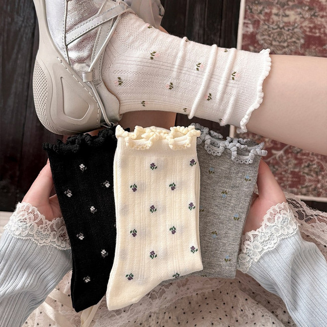 morim 여성 양말 스위트 잔꽃 봄여름 양말 중목 양말 학생 패션 면질 양말 4족 세트