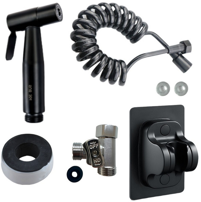 제이에스맘 스텐 베란다 욕실 스프레이건 화장실 청소건 코일호스 블랙 5m 5종 세트, 1세트