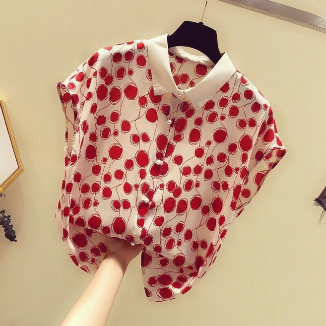 하늘비즈 여성 여름 반팔 도트 프린트 장식 시폰 셔츠 데일리 캐주얼 루즈핏 톱
