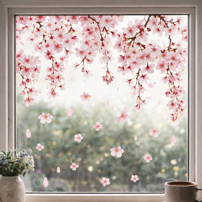 디망 벚꽃 창문 유리 시트지 접착형 투명 방수 무광 윈도우 스티커, 미디움 50x40