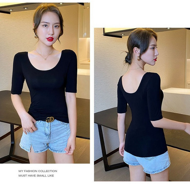 여성 더블 U넥 슬림핏 무지 반팔 티셔츠 T-001