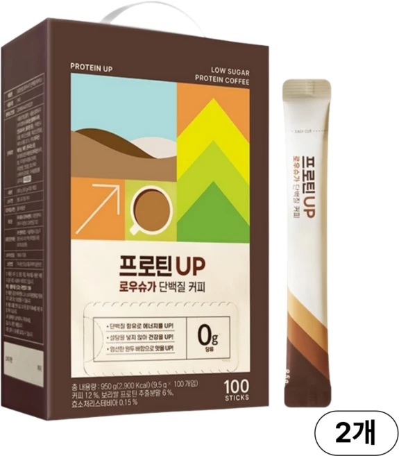 프로틴업 로우슈가 당류 0% 단백질 커피믹스, 2개, 100개입, 9.5g - 쿠팡