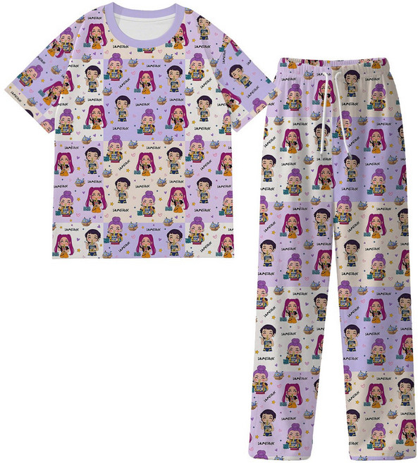 K-pop 獵魔女團兒童成人牛奶絲睡衣套裝男女同款卡通印花