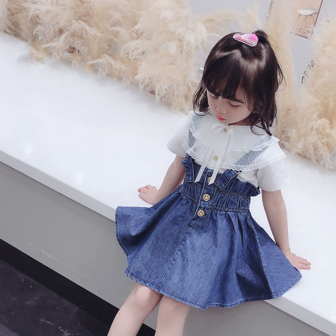 小不點兒 女童花邊翻領襯衫 可調節牛仔吊帶裙 兩件套裝 春秋新款 韓版連衣裙 90cm-130cm