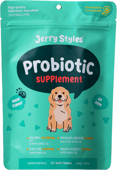 동물병원 강아지 유산균 영양제 제리스타일스 프로바이오틱 파우치 51chews, 51정, 장건강/유산균, 1개