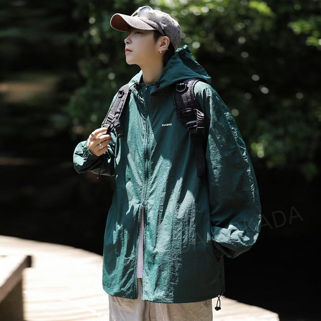 AOKADA 남녀공용 여름 쿨링 아이스 후드 투웨이 집업 자외선차단 바람막이 낚시 등산복 냉감 윈드브레이커, 딥그린