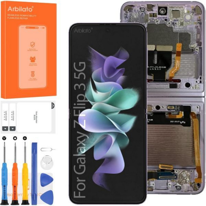 삼성 갤럭시 Z 플립 3용 오리지널 화면 내부 폴더블 교체 5G LCD SM-F711B 터치 디스플레이 디지타이저 어셈블리 수리 부품(미국 버전)(프레임 포함 보라색)