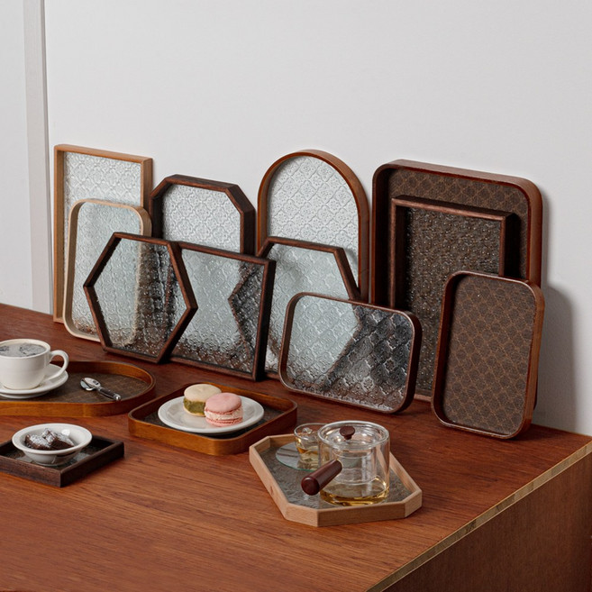 롬우드 원목 유리 트레이 월넛 카페 쟁반, 앤틱 트레이[직라운드24cm/앤틱], 1개