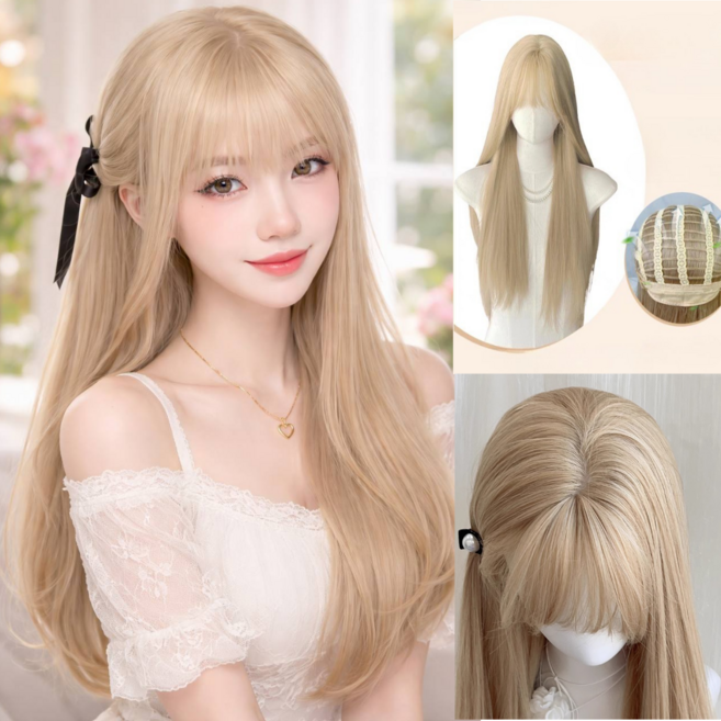 여성 풀커버 롱 블론드 가발 자연스러운 앞머리 스타일 고급 헤어, 1개, 밝은 금발