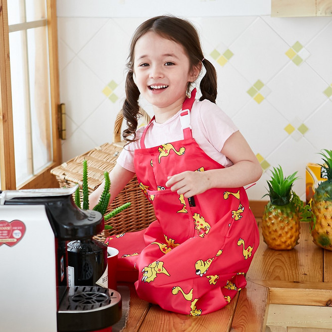 엘리몽 멜빵형 놀이복 아기 미술가운, 디노 핑크