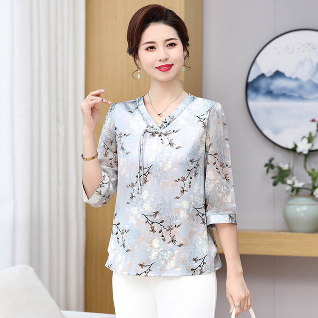 AOKADA 중년 여성 실크 셔츠 블라우스 7부소매 새틴 남방