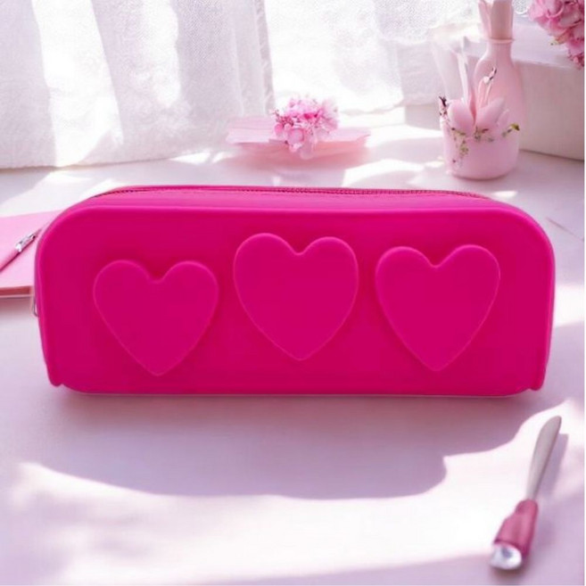 하트 실리콘 파우치 필통, 1개, 핑크