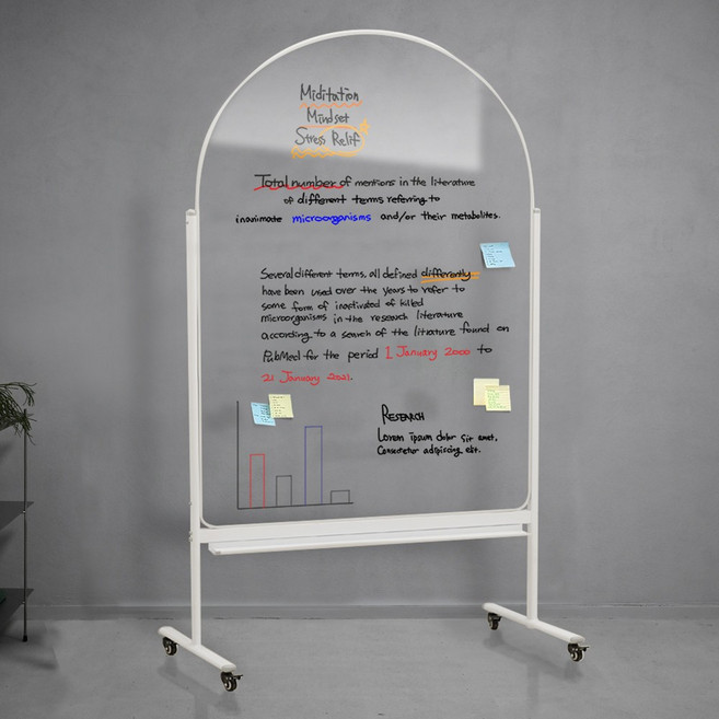 더조은칠판 아치형 투명유리칠판 강화유리칠판 글라스보드 이동식스탠드, {"색상":"화이트색상"}