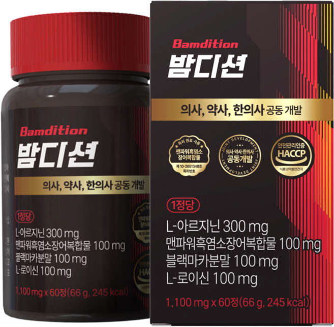 밤디션 1100mg 아르기닌 블랙마카 장어 야관문 홍삼, 1개, 60정