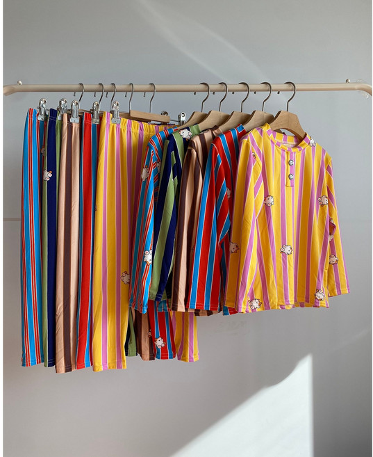 쥬아쥬아 스트라이프 고양이 촉촉 피치 긴팔 봄 가을 일자 잠옷세트 아동 /성인 잠옷