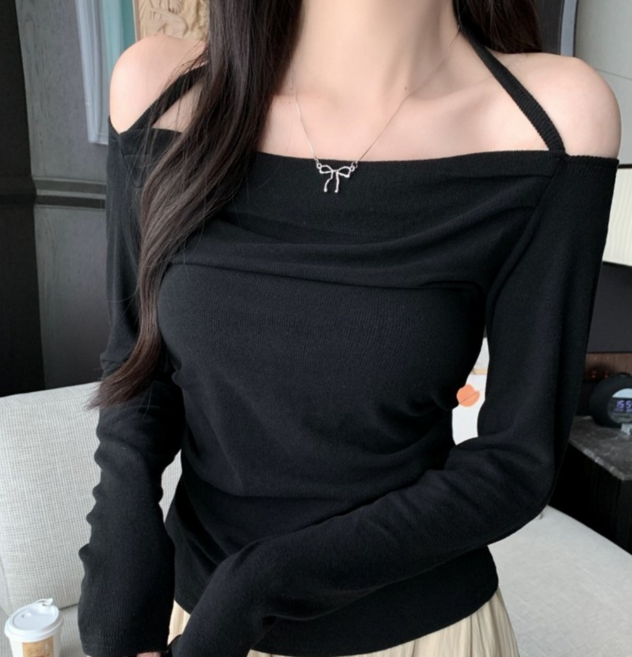 cammello 스퀘어넥 스트랩 셔링 골지 티셔츠 홀터넥 여성 긴팔티