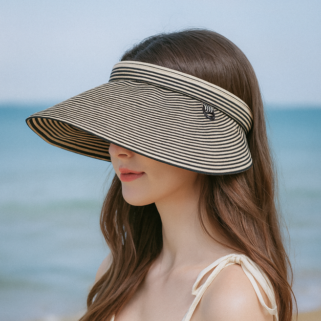 팸드님 국내제작 자외선차단 썬캡 챙넓은 여름모자 접이식 줄무늬 스트라이프 선바이져