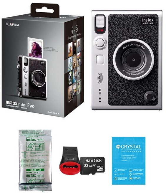 인스탁스 미니 에보 즉석카메라 블랙 + 미니필름 1팩/액정필름+SD카드, 1세트, 1세트